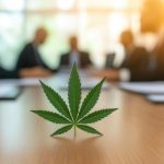 Mötesbord med ett cannabisblad