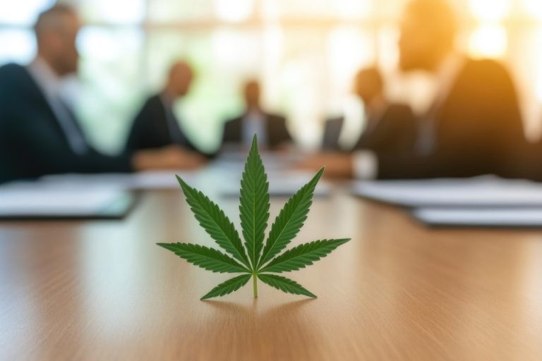 Mötesbord med ett cannabisblad